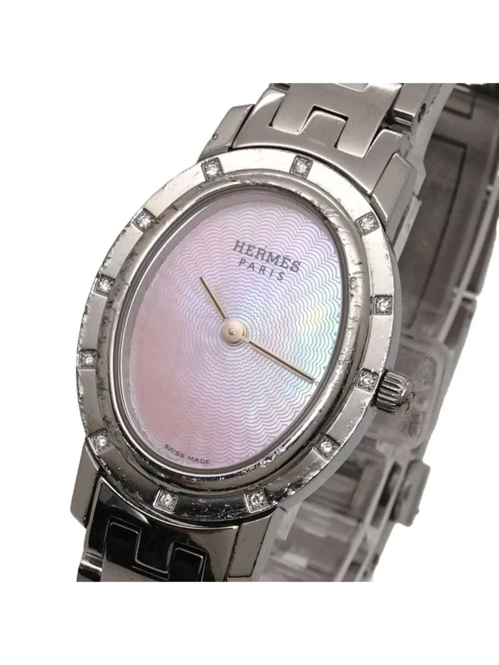 Hermes Clipper Nacre Oval Vintage Watch Diamond Bezel Quartz